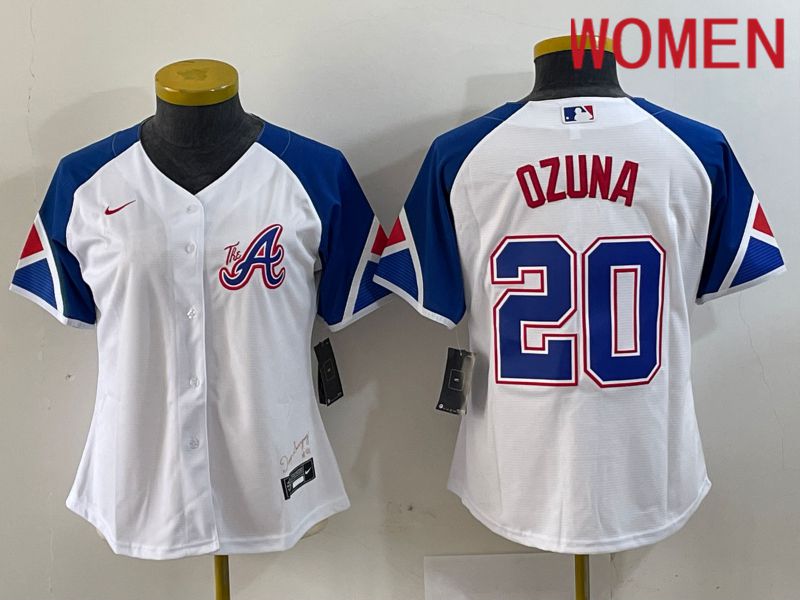 Women Atlanta Braves 20 Ozuna White City Edition 2024 Nike MLB Jersey style 1